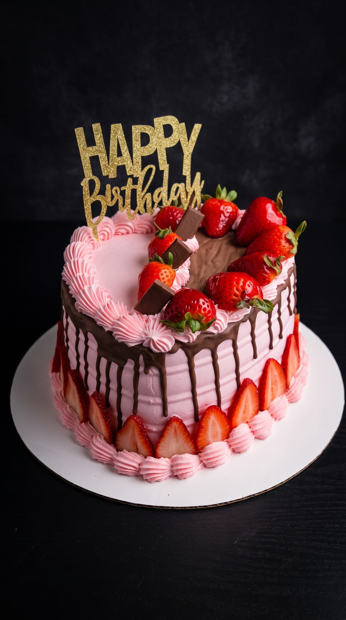 A decorated dessert with fruit and chocolate details