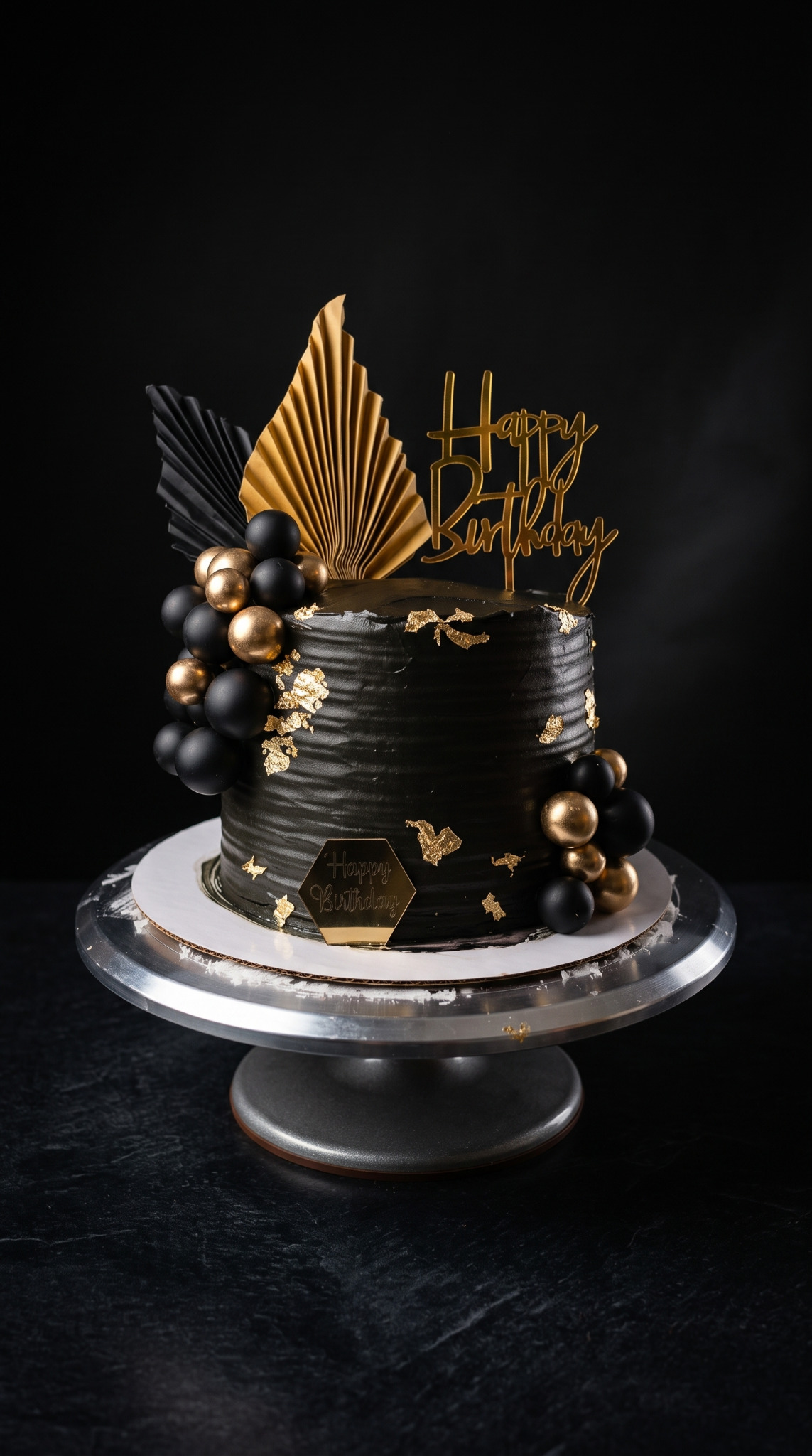 A dark dessert decorated with chocolate and gold details