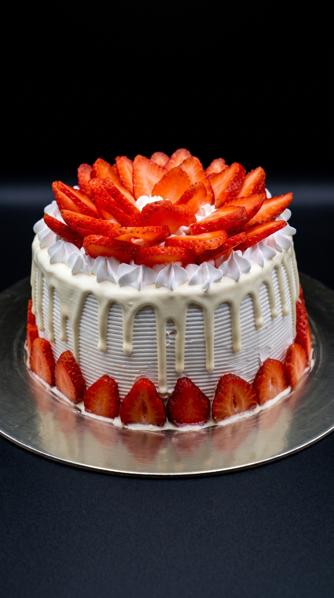 A strawberry topped celebration cake made by Delicias Jade